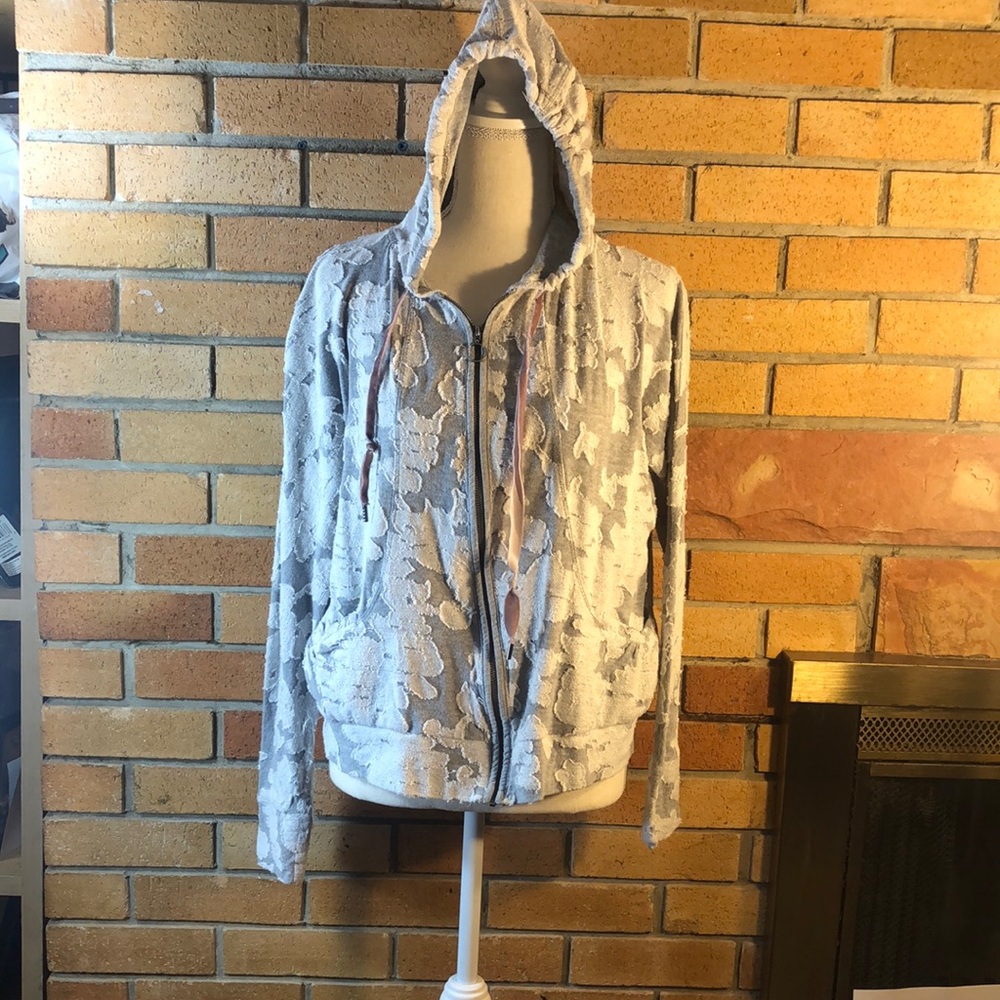 Patched destroyed zip up hoodie